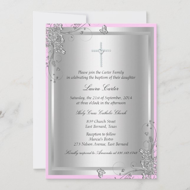 Silver Floral Taufen/Christening Einladung (Vorderseite)