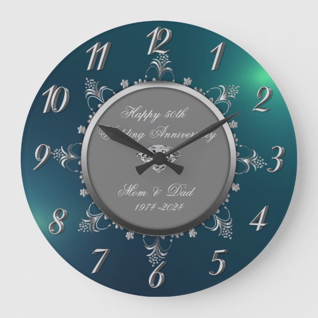 Silver Floral Wirbel, Grüne Hochzeit Große Wanduhr (Vorderseite)