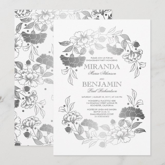 Silver Floral Wreath Elegante Engagement Party Einladung (Vorne/Hinten)