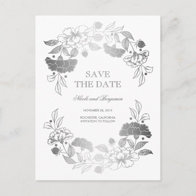 Silver Floral Wreath | Peonies Save the Date Ankündigungspostkarte (Vorderseite)