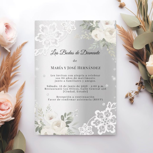 Silver Florals Invitación Bodas de Diamante Einladung (Von Creator hochgeladen)