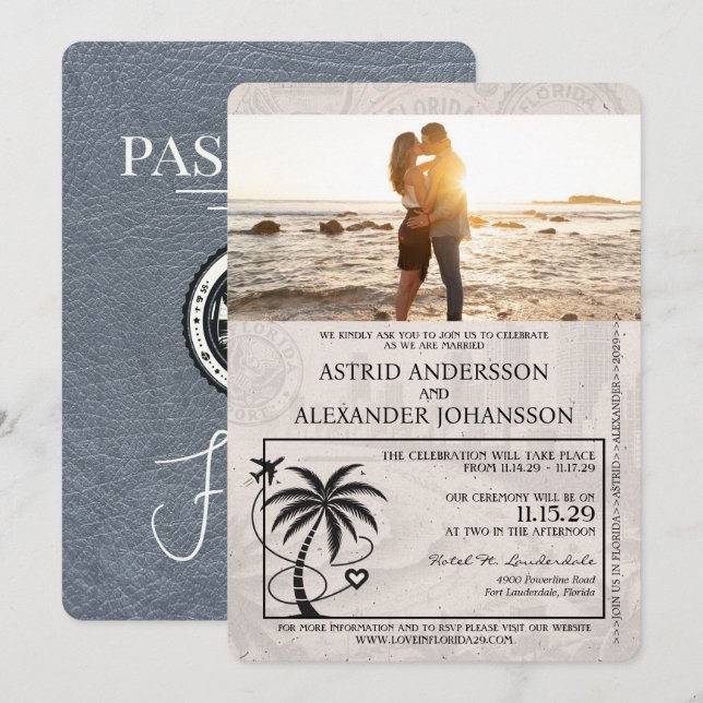 Silver Florida Passport Hochzeitseinladung Einladung (Vorne/Hinten)