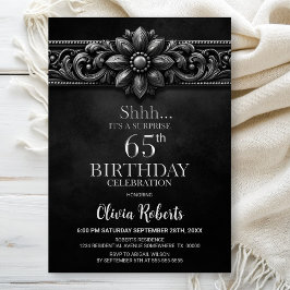 Silver Flower Black Surprise 65th Birthday Party Einladung