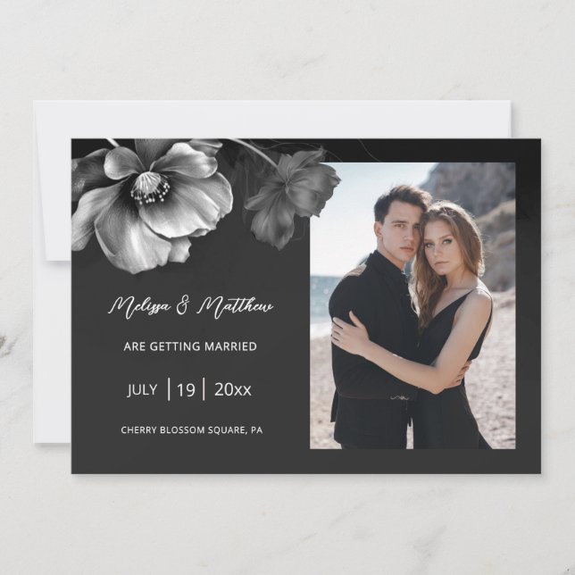 Silver Flowers Black Wedding Save The Date (Vorderseite)