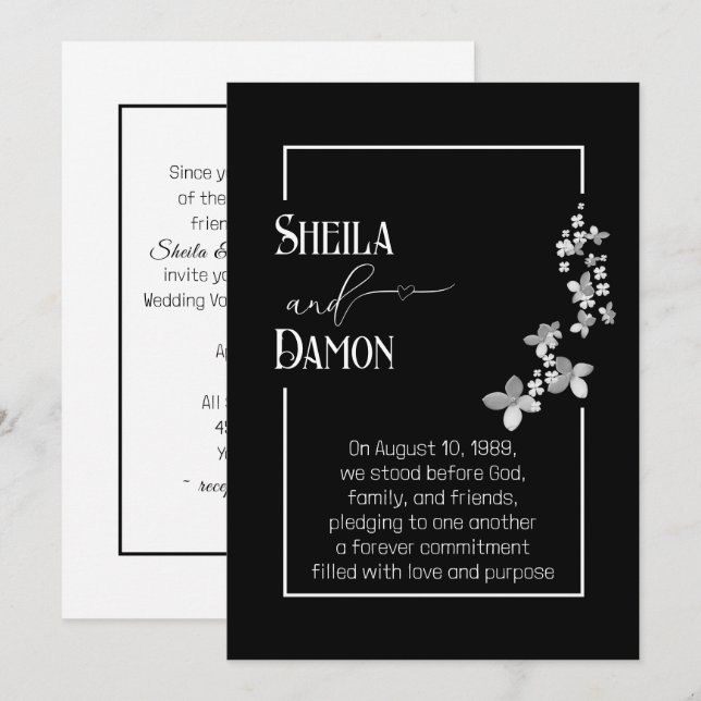 Silver Flowers On Black Wedding Vow Renewal  Einladung (Vorne/Hinten)