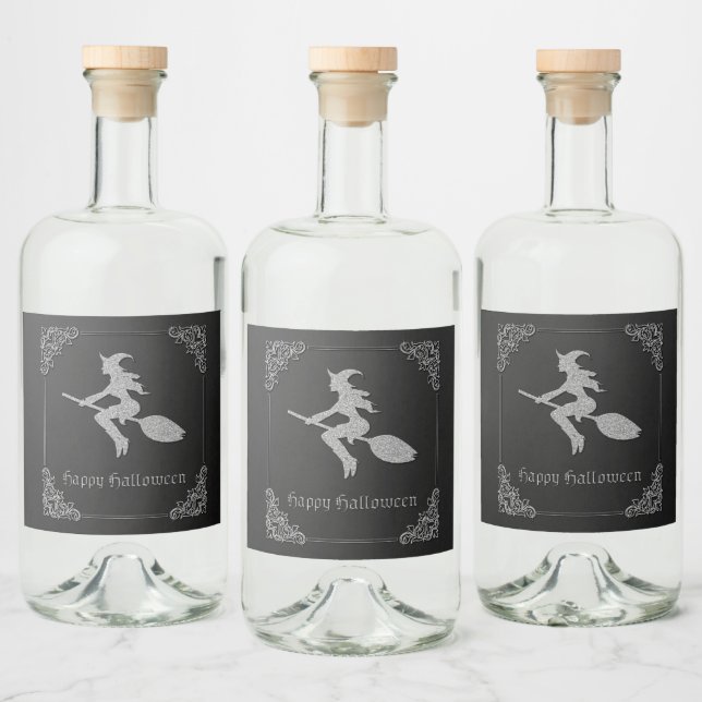 Silver Flying Hexe Halloween Alkoholflaschenetikett (Flaschen)