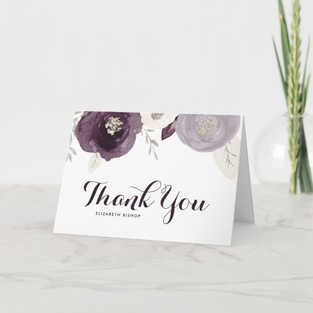 Silver Foil and Purple Flowers Chic Dankeschön Kar Dankeskarte (Vorderseite)