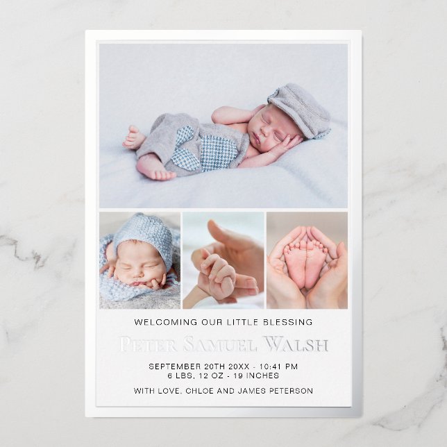 Silver Foil Baby Boy Geburtshilfekarte Folieneinladung (Vorderseite)