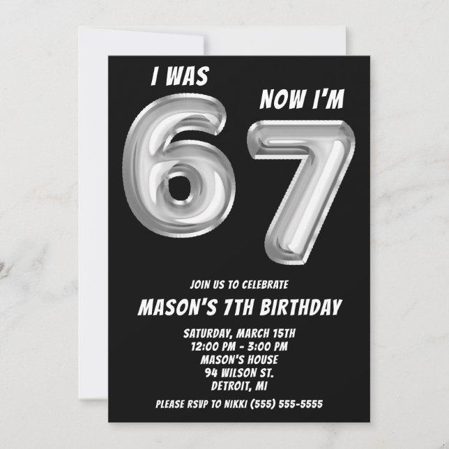 Silver Foil Balloons 67 Themed 7th Birthday Party Einladung (Vorderseite)