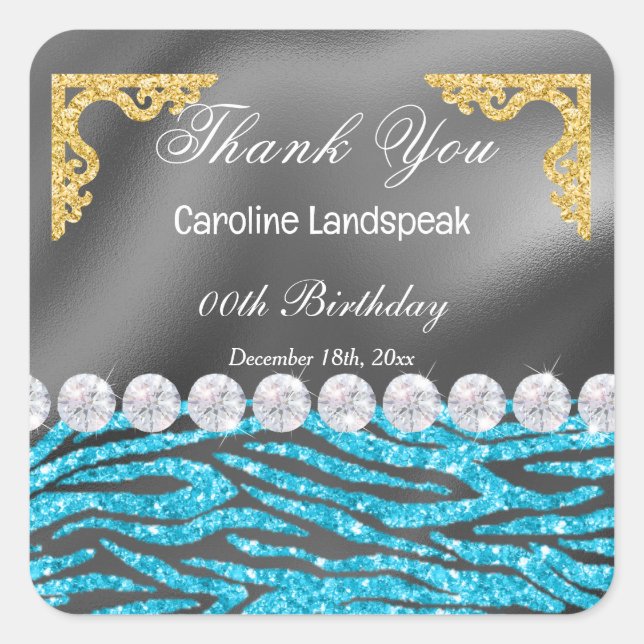 Silver Foil & Blue Glitzer Zebra Print Birthday Quadratischer Aufkleber (Vorderseite)
