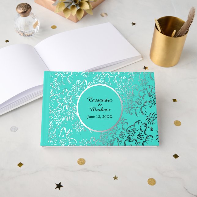 Silver Foil Daisies Floral Turquoise Wedding Gästebuch (Vorderseite Offen)