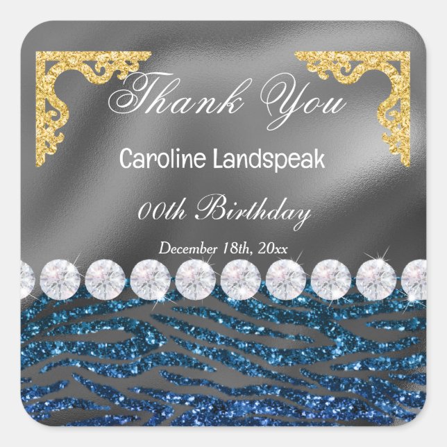Silver Foil Dark Blue Glitzer Zebra Print Birthday Quadratischer Aufkleber (Vorderseite)