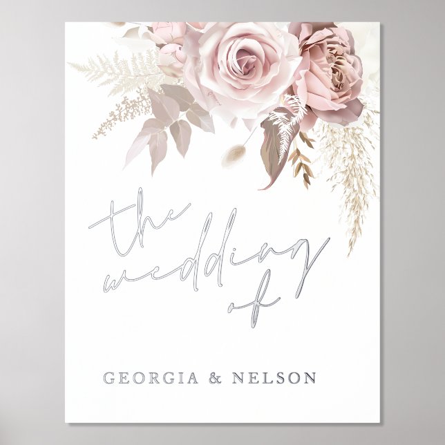 Silver Foil Dusty Rose Wedding Willkommenszeichen Foliendrucke (Vorderseite)