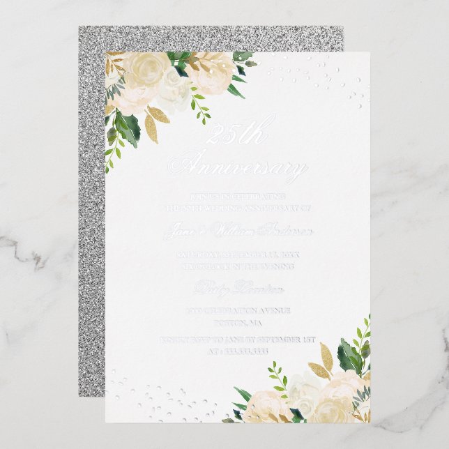 SILVER FOIL Floral 25 Jahre Jubiläum Folieneinladung (Vorderseite/Rückseite)