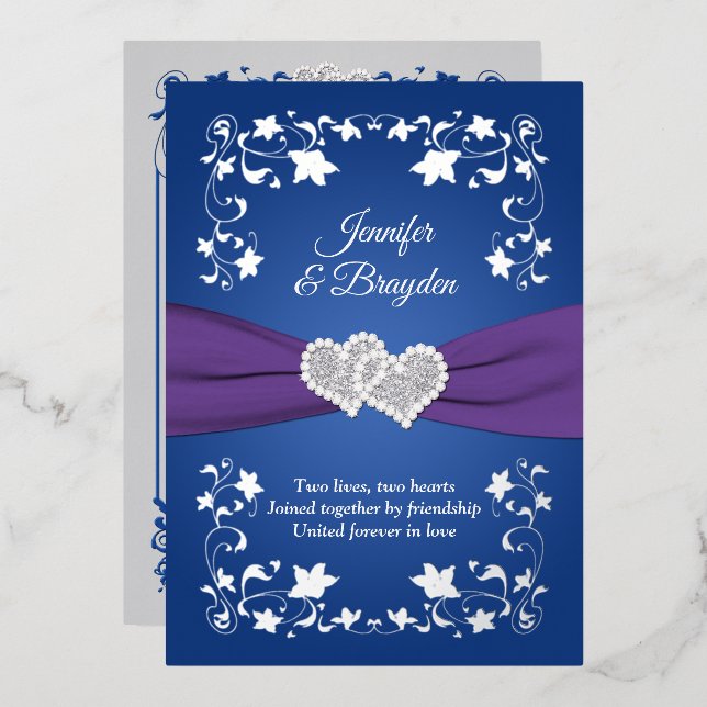 Silver Foil Floral, Joined Hearts Wedding Foil Inv Folieneinladung (Vorderseite/Rückseite)