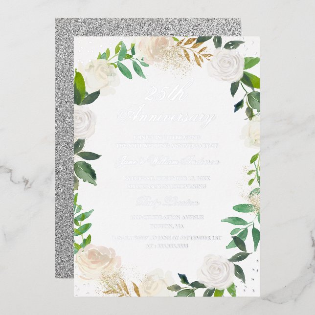 Silver FOIL Floral Wreath 25 Jahre Folieneinladung (Vorderseite/Rückseite)