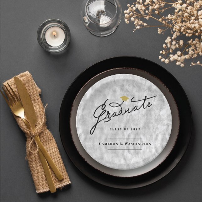 Silver Foil Graduate Script Stilvolle Abschluss Pa Pappteller (Silver Faux Foil Stylish Graduate Script Graduation Party Paper Plates @ fatfatin)