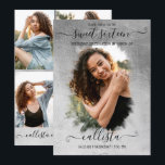 Silver Foil Halo Foto Collage Sweet 16 Einladung<br><div class="desc">Diese hübsche und gürmische 16 . Geburtstag Geburtstagsparty Foto Collage Einladung ist perfekt für das trendige und stilvolle Mädchen. Es verfügt über ein Imitat, das silberne Folie mit Pinselstrichhalo auf einem großen Foto gedruckt hat, und eine elegante handgeschriebene Schrift-Typografie. Auf der Rückseite sind vier weitere individuell anpassbare Bilder und die...</div>