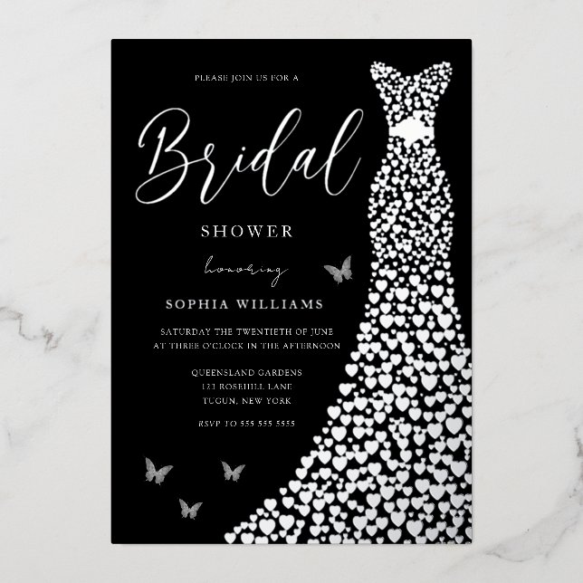 Silver Foil Heart Gown mit Black Brautparty Folieneinladung (Vorderseite)