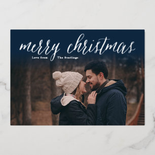 Silver Foil Joyeux Carte photo de Noël   bleu mari