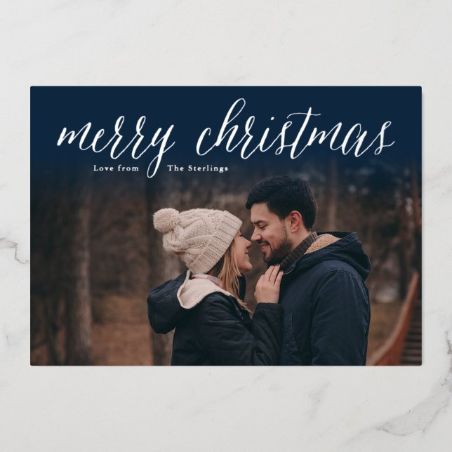 Silver Foil Joyeux Carte photo de Noël | bleu mari (Recto)