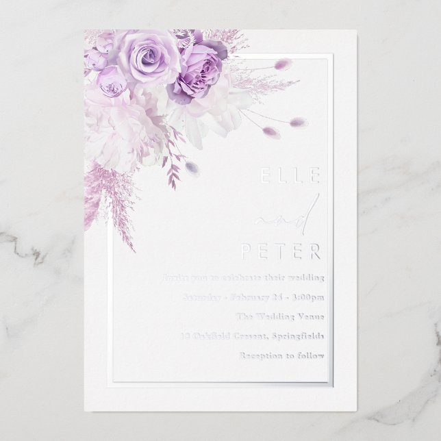 Silver Foil & Lavender Roses Wedding Folieneinladung (Vorderseite)