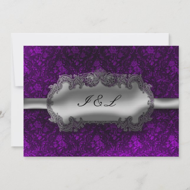 Silver Foil Look Damask Goth Wedding Einladung (Vorderseite)