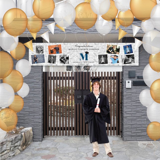 Silver Foil Monogram 10 Foto Graduation Party Banner (Silver Faux Foil Name Monogram 10 Photo Chic Graduation Party Banner @ www.zazzle.com/color_therapy)