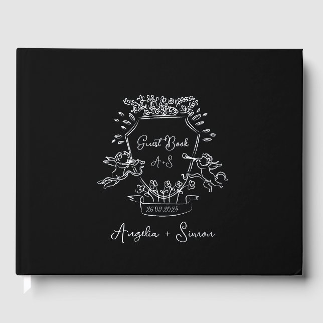 Silver Foil Monogram Black Wedding Guest Book Gästebuch (Vorderseite)