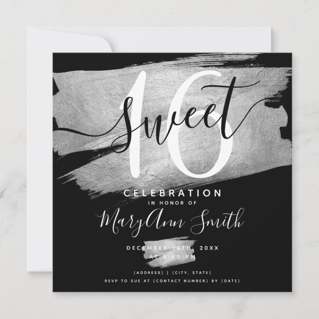 Silver Foil Paint Sweet 16. Geburtstag Schwarz  Einladung (Vorderseite)