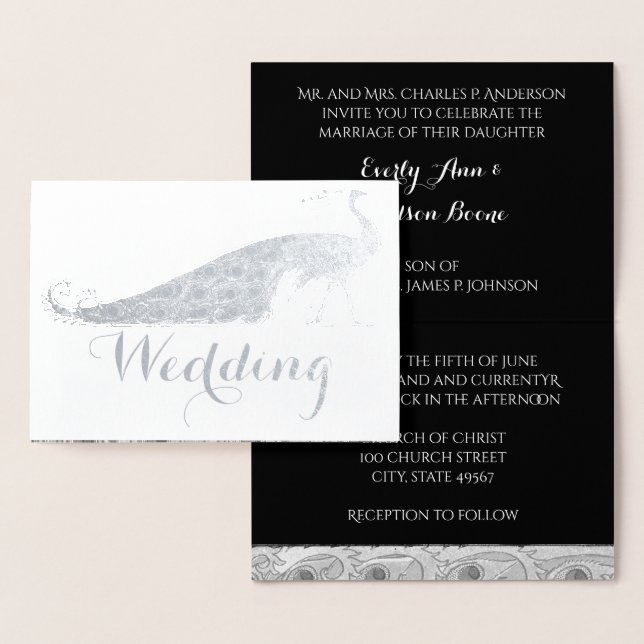 Silver Foil Peacock Typographie Mariage Invitation (Affichage)