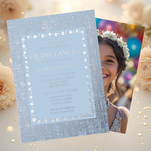 Silver Foil Quinceañera Invitation Dusty Blue (Créateur téléchargé)