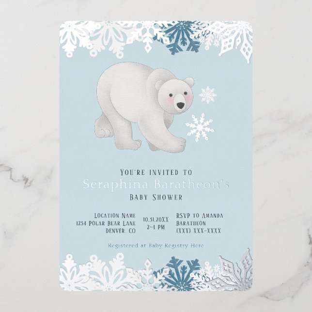 Silver Foil Snowflake Polar Bear Baby Dusche Folieneinladung (Vorderseite)