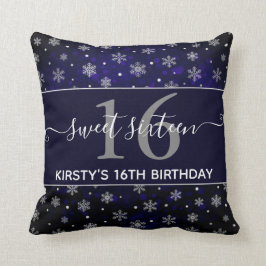Silver Foil Snowflakes & Blue Bokeh Sweet 16 Kissen