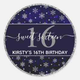 Silver Foil Snowflakes & Blue Bokeh Sweet 16 Runder Aufkleber