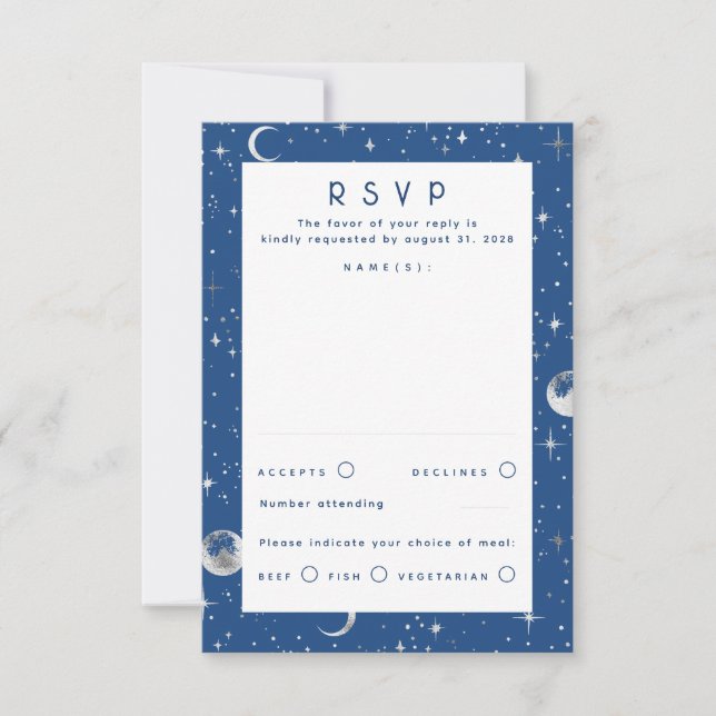 Silver Foil Stars Celestial Wedding RSVP Karte (Vorderseite)