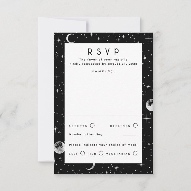 Silver Foil Stars Celestial Wedding RSVP Karte (Vorderseite)