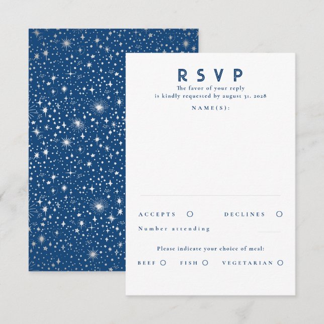 Silver Foil Stars Modern Wedding RSVP Karte (Vorne/Hinten)