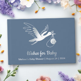 Silver Foil Stork on Blue Baby Shower Gästebuch
