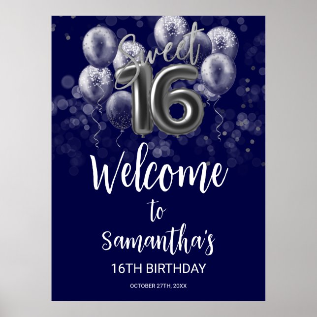 Silver Foil Sweet 16 Balloons Blue Begrüßungszeich Poster (Vorne)