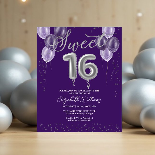 Silver Foil Sweet 16 Balloons Budget Einladungen (Von Creator hochgeladen)
