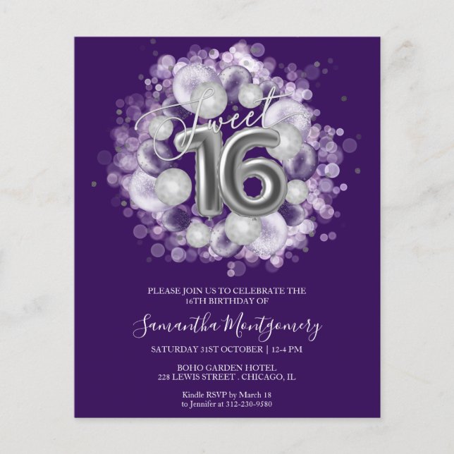 Silver Foil Sweet 16 Balloons Einladung (Vorderseite)