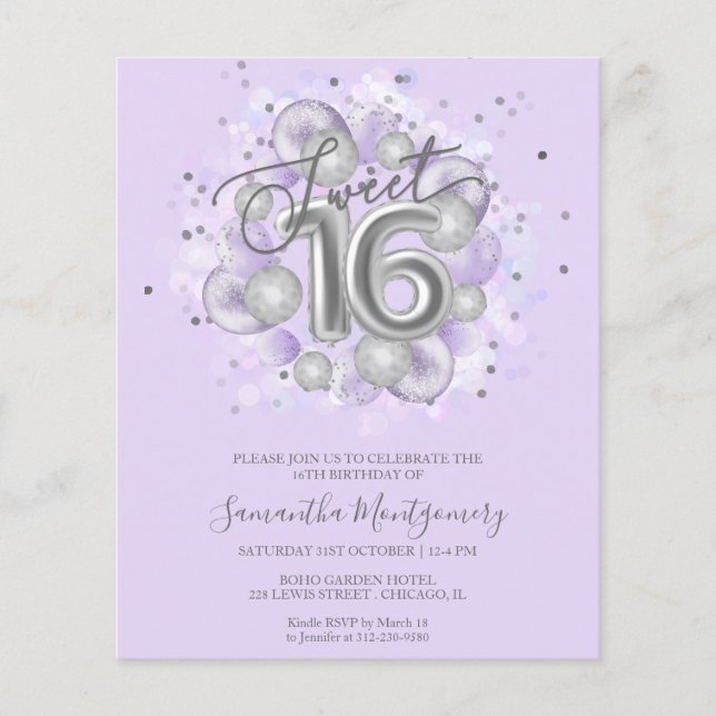 Silver Foil Sweet 16 Balloons Einladung (Vorderseite)