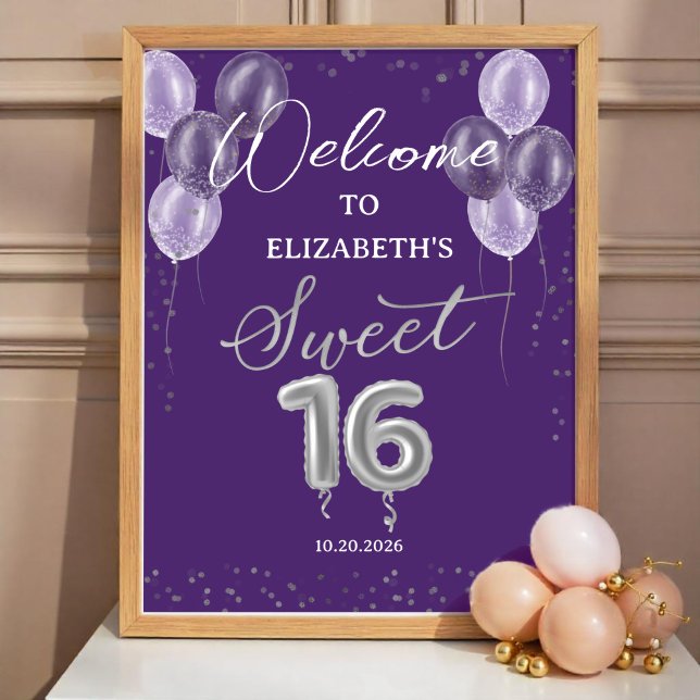Silver Foil Sweet 16 Balloons Lila Begrüßungszeich Poster (Von Creator hochgeladen)