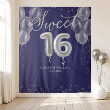Silver Foil Sweet 16 Balloons Royal Blue Hintergru