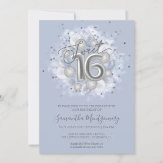 Silver Foil Sweet 16 Bday Balloons Dusty Blue Einladung