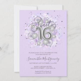 Silver Foil Sweet 16 Bday Balloons Party Lavender Einladung