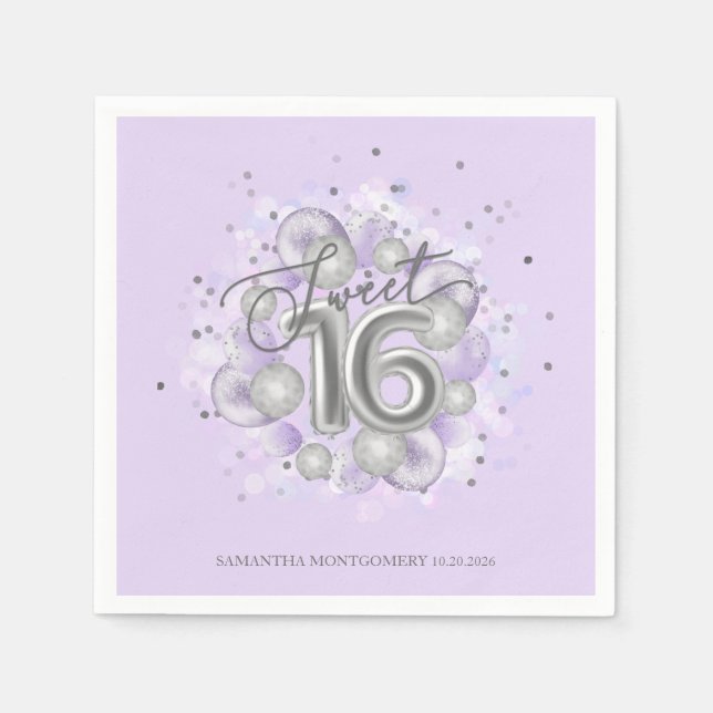Silver Foil Sweet 16 Bday Balloons Party Lavender Serviette (Vorderseite)