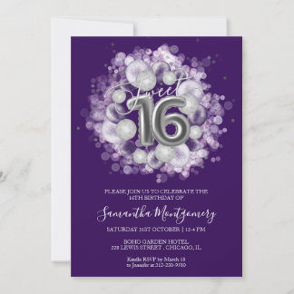 Silver Foil Sweet 16 Bday Balloons Party Lila Einladung