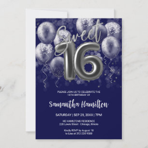 Silver Foil Sweet 16 Bday Balloons Royal Blue Einladung